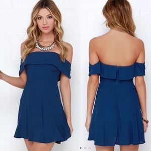 LuLu's Crossroad Cutie Navy Blue Off-the-Shoulder Mini Dress Size Medium
